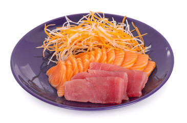 Various Japanese raw fish sashimi , salmon tuna