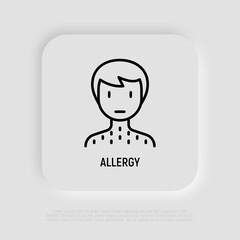 Man with rash thin line icon. Allergy symptom, dermatitis, itching. Modern vector illustration.