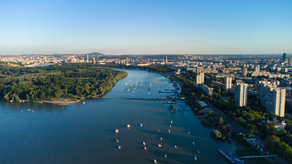 Fototapeta premium Drone view of Belgrade panorama on a Danube river, Serbia.