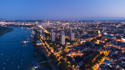 Drone night view Belgrade city, Serbia.