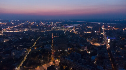 Night drone view of Belgrade, Serbia.