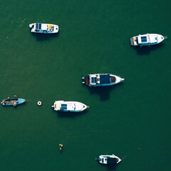 Fototapeta na wymiar Many fishing and small boats parked on a river. Drone view.
