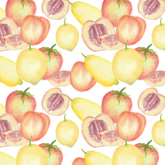 Peach , tomato and lemon seamless pattern background, watercolor hand drawn - 450802177