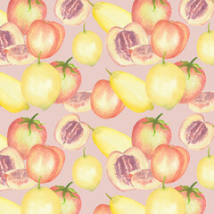 Peach , tomato and lemon seamless pattern background, watercolor hand drawn - 450802196