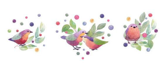 Funny birds. Set of watercolor illustrations. Suitable for backgrounds, textiles, cards, posters, invitations