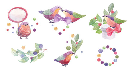 Funny birds. Set of watercolor illustrations. Suitable for backgrounds, textiles, cards, posters, invitations