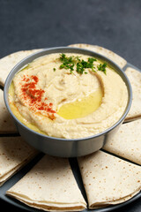 Hummus, lavash and spices food styling 