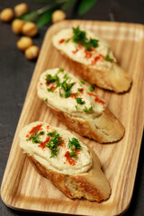 Hummus, bread and ingredients, food styling 