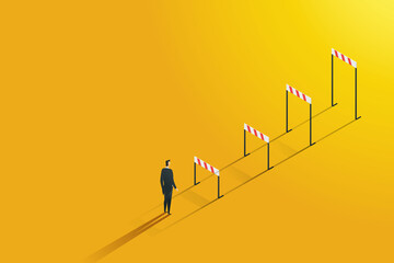 Businessman look at higher career barriers ambitious to overcome
