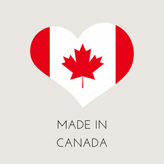 Canada heart shaped label with canadian flag. Made in CA sticker. Factory, manufacturing and production country concept. Vector stock illustration