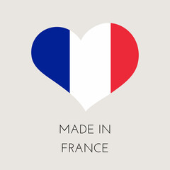 France heart shaped label with french flag. Made in FR sticker. Factory, manufacturing and production country concept. Vector stock illustration