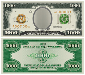Fictional obverse and reverse of a gold certificate with a face value of 1000 dollars. US paper money. Cleveland