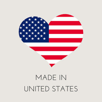United States of America heart shaped label with american flag. Made in USA sticker. Factory, manufacturing and production country concept. Vector stock illustration