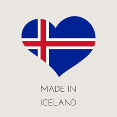 Heart shaped label with Icelandic flag. Made in Iceland Sticker. Factory, manufacturing and production country concept. Vector stock illustration