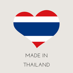 Heart shaped label with Thai flag. Made in Thailand Sticker. Factory, manufacturing and production country concept. Vector stock illustration