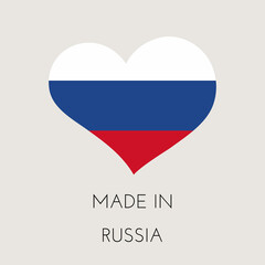 Heart shaped label with Russian flag. Made in Russia Sticker. Factory, manufacturing and production country concept. Vector stock illustration