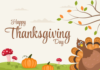 Happy Thanksgiving Celebration with Cartoon Turkey, Leaves, Chicken, Pumpkin and Other For Decoration or Background Vector Illustration