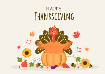 Happy Thanksgiving Celebration with Cartoon Turkey, Leaves, Chicken, Pumpkin and Other For Decoration or Background Vector Illustration
