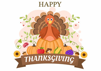 Obraz na płótnie Canvas Happy Thanksgiving Celebration with Cartoon Turkey, Leaves, Chicken, Pumpkin and Other For Decoration or Background Vector Illustration