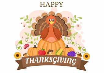Happy Thanksgiving Celebration with Cartoon Turkey, Leaves, Chicken, Pumpkin and Other For Decoration or Background Vector Illustration
