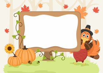 Happy Thanksgiving Celebration with Cartoon Turkey, Leaves, Chicken, Pumpkin and Other For Decoration or Background Vector Illustration