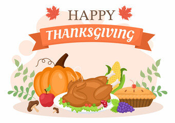 Happy Thanksgiving Celebration with Cartoon Turkey, Leaves, Chicken, Pumpkin and Other For Decoration or Background Vector Illustration