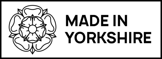 made in yorkshire sign. Rectangular stamp with Yorkshire white rose of york and words Made in Yorkshire next to it.