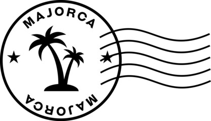 majorka stamp sign with postage markings. Circular stamp with palm trees inside, words Majorca and wavy postage marks.