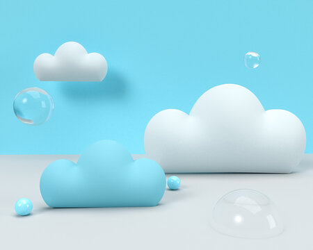 3D rendring of colorful pastel clouds and weather with empty space for kids or baby product.