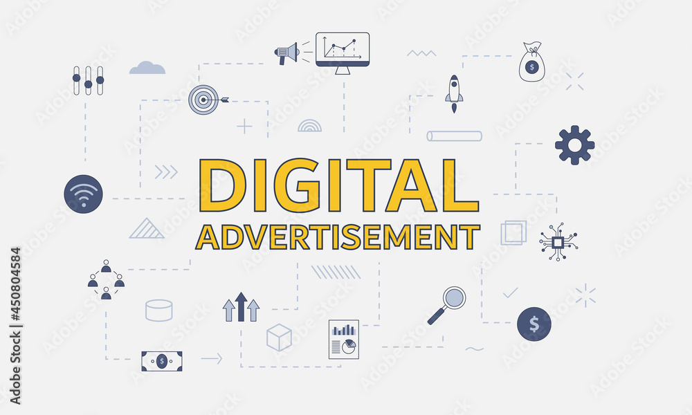 Wall mural digital advertisement concept with icon set with big word or text on center