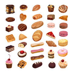 Vector collection of realistic cakes, pastries and other sweets. Set of baking.