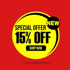 special offer ad banner design. 15% discount for background sales of clothing, goods and food products.