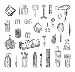 Collection of monochrome illustrations of beauty and health in sketch style. Hand drawings in art ink style. Black and white graphics.