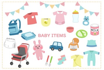 ベビーグッズの手描きイラスト素材セット