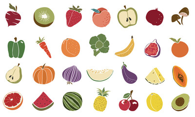 Fruits and vegetables icons. Colorful and vectorized collection for web icons, game interfaces, textile patterns, packaging design, apps, avatars, emoticons, symbols, stencils. 28 objects set.  