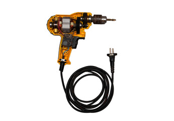 detachable used electric drill on white background The lid opens to reveal the internal components that include the motor, gear and switch.