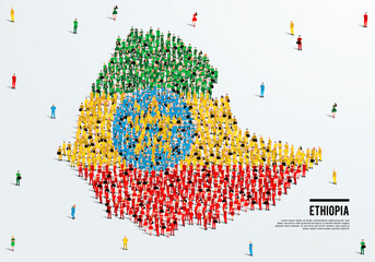 Ethiopia Map and Flag. A large group of people in the Ethiopian flag color form to create the map. Vector Illustration.