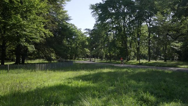 Une femme se d&eacute;place &agrave; v&eacute;lo dans le Parc de la T&ecirc;te d'Or