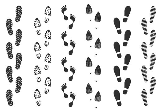 Footprint track, human walking footstep trails. Shoe foot print route, walk footprints path, dirty boot imprint trail silhouette vector set. Female and male trace, trekking or hiking concept