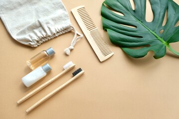 Eco set of body and hair care products for travel (wooden toothbrushes,wooden stroller, gel and shampoo and eco bag). Organic cosmetics.
