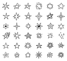 Stars doodle drawings, hand drawn star sketches. Simple cute stars, sparkles or starbursts elements for kids textile or patterns vector set. Cosmic objects outline of different shapes