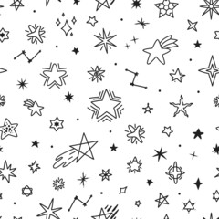 Hand drawn stars doodles, cute star seamless pattern. Childish night sky sketch drawings, textile fabric or wallpaper print vector texture. Sparkling celestial bodies and constellation