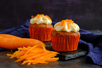 carrot cakes in close-up on a dark background
