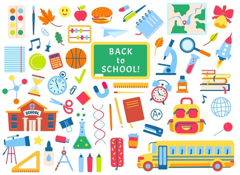 Back to school hand drawn elements, school supplies doodles. Books, notebooks, chalkboard. Children school education stickers vector set. Yellow bus for pupils, blackboard with text