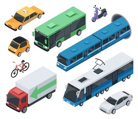 Isometric city vehicles and public transport car, train, bus. Urban transportation bike, motorcycle, taxi, cargo truck 3d vector set. Metro train, delivery transport isolated on white