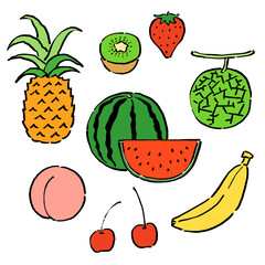 墨絵風の春と夏の果物のベクターイラストセット