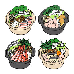 墨絵風の鍋料理のベクターイラストのセット
