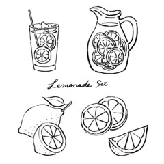 墨絵風のレモンとレモネードのベクターイラストのセット