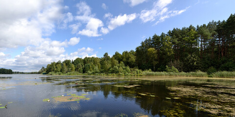 Summer fishing on the Desna river, beautiful panorama.
