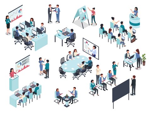 Isometric business training or coaching, office conference meeting. Businessman giving presentation, business education seminar vector set. Team brainstorming, discussing project or strategy